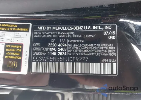 2015 Mercedes-Benz C 63 Amg S из США, поврежденный, VIN 55SWF8HB5FU089277